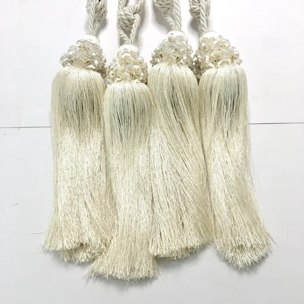 4 Large Drapery Curtain Tiebacks 11”Tassel 16”Rope Ivory Victorian Fairy Whimsy